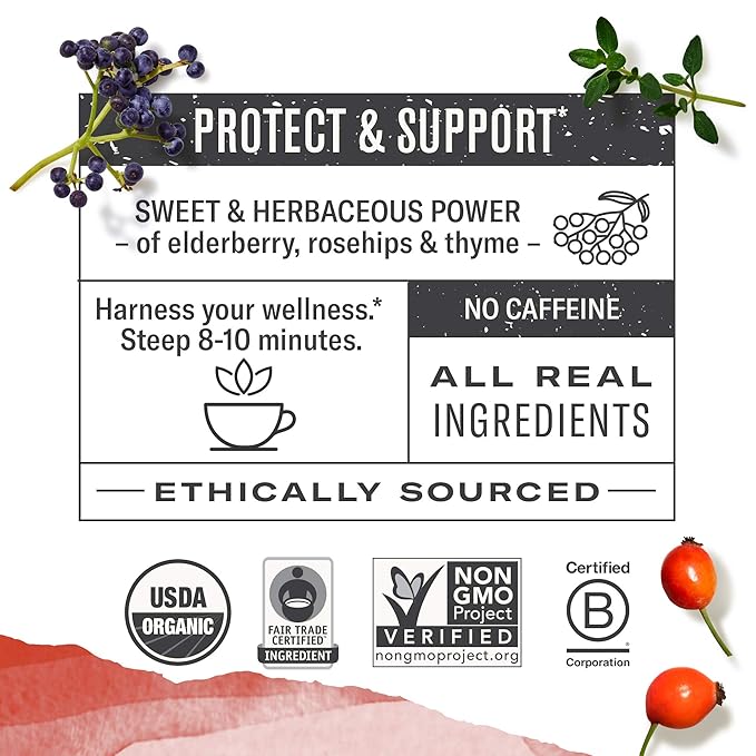 Numi Organic Immune Support Herbal Tea – 48 Herbal Tea Bags – Caffeine Free Blend with Elderflower Elderberry Rosehip & Thyme for Daily Immune Wellness & Comfort