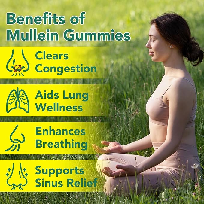 Mullein Gummies for Lungs Detox, 2 Pack Mullein Leaf Extract for Lung Cleanse, Respiratory & Immune Support, Natural Herbal Supplement, Vegan, Pear Flavor, 60 Serving