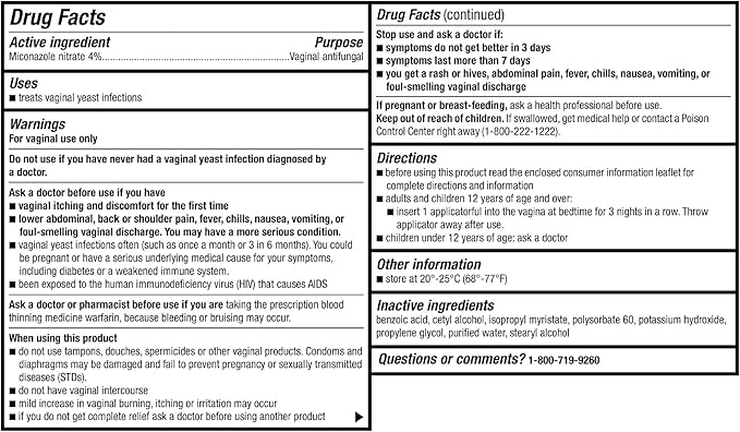 Miconazole Nitrate Vaginal Cream (4 Percent), 3-Day Treatment for Vaginal Yeast Infection