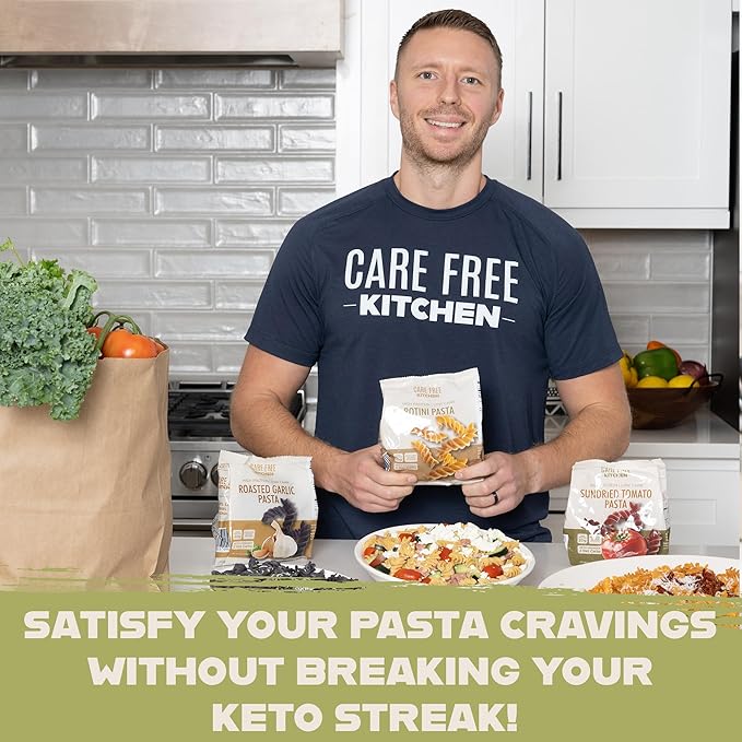 Care Free Kitchen Rotini Keto Pasta Noodles Variety 3-Pack (8 oz. Bags) Plain, Sundried Tomato, Roasted Garlic, 20g High Protein, Low Carb 2g Net Carbs, 26g High Fiber