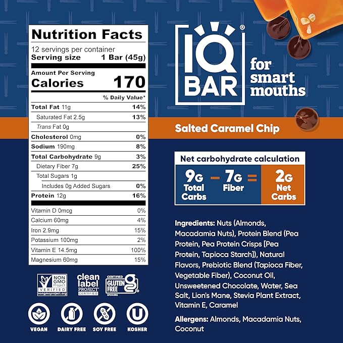 IQBAR Clean Plant Protein Bars - Salted Caramel Chip - 12 Count - Keto, Vegan, High Fiber, Gluten and Dairy Free, Low Sugar Snack - Brain and Body Nutrients for Focus, Energy, Meal Replacement