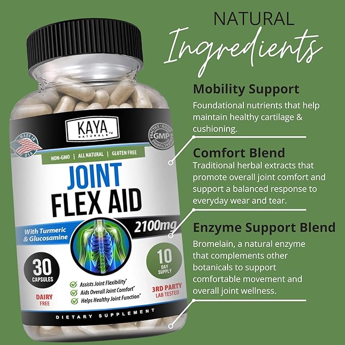 Kaya Naturals Mobility Flex Aid - Mobility Support Supplement for Men and Women - Turmeric Capsules with Glucosamine Sulfate - for Knee Support and Mobility Health - 30 Count