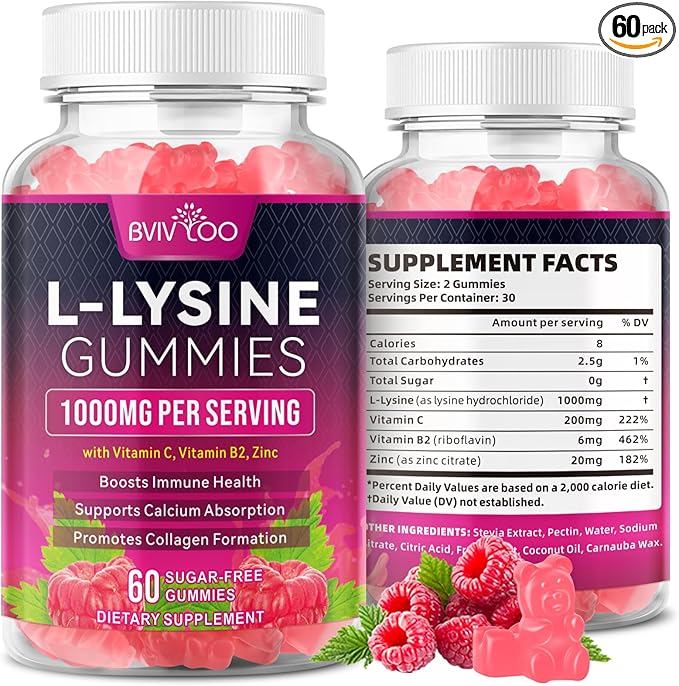 L-Lysine 1000mg Gummies for Immune Support & Skin Health - High Potency Vegan, Sugar-Free, Gluten-Free Supplement with Natural Raspberry Flavor for Adults & Kids - 60 Gummies