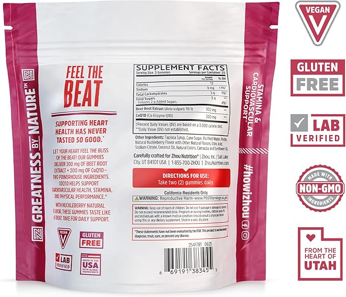 ZHOU CoQBeet Gummies - Beet Root Gummies for Men & Women, Heart Health & Cellular Energy Support Supplement, 300 mg Beetroot & 200 mg CoQ10, Vegan, Gluten Free, Natural Huckleberry Flavor - 50 Count