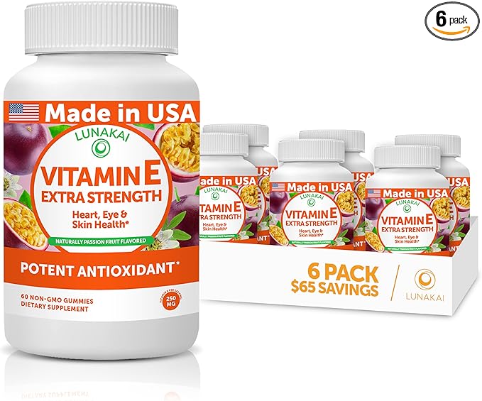Lunakai Vitamin E Gummies with Vitamin C - Tastiest Proprietary Formula - 250mg (400IU) VIT E - Antioxidant, Skin & Eye Health Support, Non-GMO, Vegan Supplement - 6 Pack