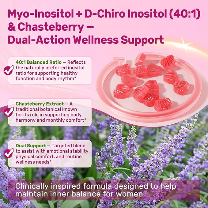 Inositol Gummies for Women + Chasteberry, Myo-Inositol & D-Chiro Inositol 2000mg + 50mg Ideal 40:1 Ratio with Methylated B12 & Folate, Choline, Magnesium,Vitamin D3 for Overall Health,Sugar Free,60Cts