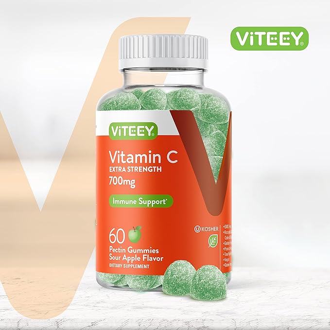 Viteey Chewable Vitamin C Gummies for Adults - 700mg Extra Strength Immune Support Supplement - Vegan, Gluten Free - 60 Count