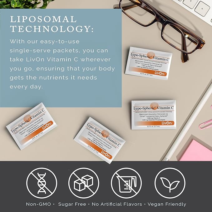 LivOn Laboratories - Lypo–Spheric Vitamin C – 1,000 mg Vitamin C & 1,000 mg Essential Phospholipids Per Packet – Liposome Encapsulated for Improved Absorption – Non–GMO - 12 Pack (360 Count)