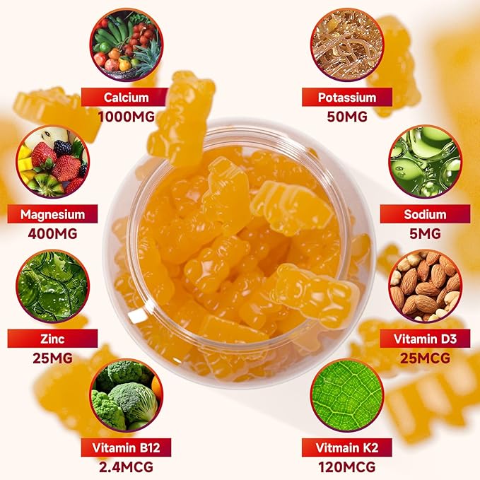 Calcium Gummies 1000mg with Vitamin D3 K2 & B Complex, Potassium, Calcium Magnesium Zinc Gummies for Bone, Muscle, Mood and Immunity - Orange Flavor 60 Gummies