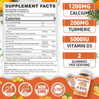 Calcium Gummies with Turmeric for Women & Men - Calcium 1200mg with Vitamin D3 K2 B12 5000 IU & Zinc, Suger-Free Calcium Supplement for Bone, Muscle Strength & Immune Support - Vegan(120 Count)