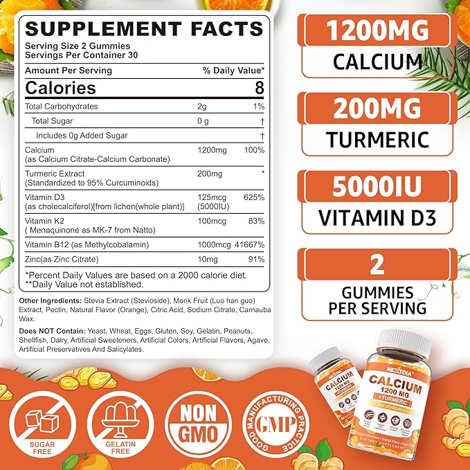 Calcium Gummies with Turmeric for Women & Men - Calcium 1200mg with Vitamin D3 K2 B12 5000 IU & Zinc, Suger-Free Calcium Supplement for Bone, Muscle Strength & Immune Support - Vegan(60 Count)