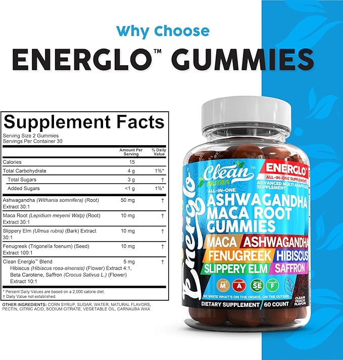 Ashwagandha Maca Root Gummies with Fenugreek Hibiscus Slippery Elm Saffron Extract & Beta Carotene | Peach Flavor Vegan Gummy Vitamins Adaptogen Cortisol Supplement Energlo by Clean Nutra (2)