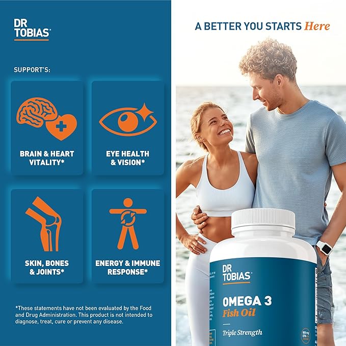 Dr. Tobias Omega 3 Fish Oil 2000mg Triple Strength with 800mg EPA 600mg DHA Per Serving | Fish Oil Omega 3 Supplements for Heart Brain & Immune Support - 360 Softgels (180 Servings)