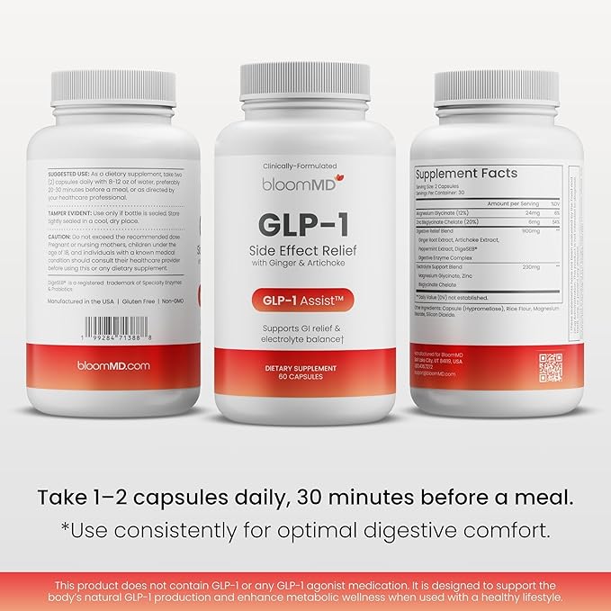 GLP-1 Side Effect Relief Supplement – Support for Nausea, Bloating & Fatigue – Natural Digestive Support with Ginger, Magnesium, B12 & Electrolytes – for GLP-1 Users – 60 Capsules