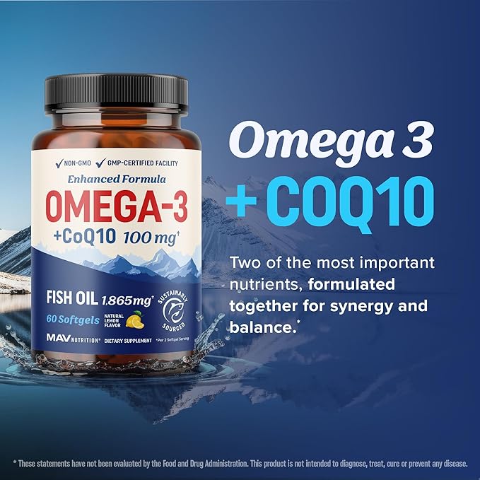 Omega 3 Fish Oil + Co Q10 | 1305MG Omega-3 with CoQ10 100MG for Heart Health, Cellular Energy, and Antioxidant Support | Co Q 10 + Omega3 | Coenzyme Q10 Fish Oil Supplements | Non-GMO | 60 Ct