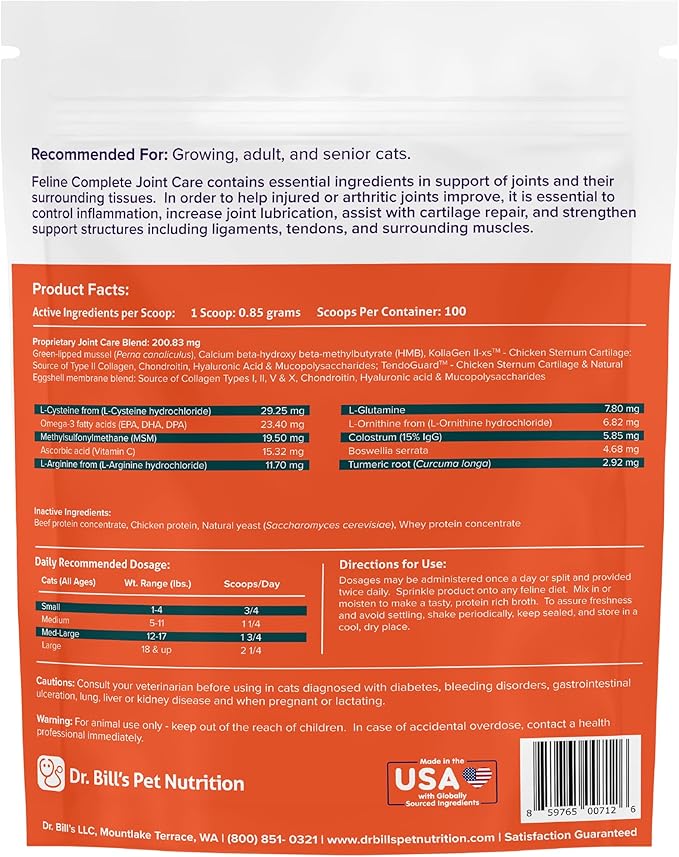 Dr. Bill’s Feline Complete Joint Care | Advanced Hip & Joint Supplement for Cats | Green Lipped Mussel Extract, Collagen Type II, Chondroitin, Hyaluronic Acid, Omega 3 and Colostrum | Powder, 85g