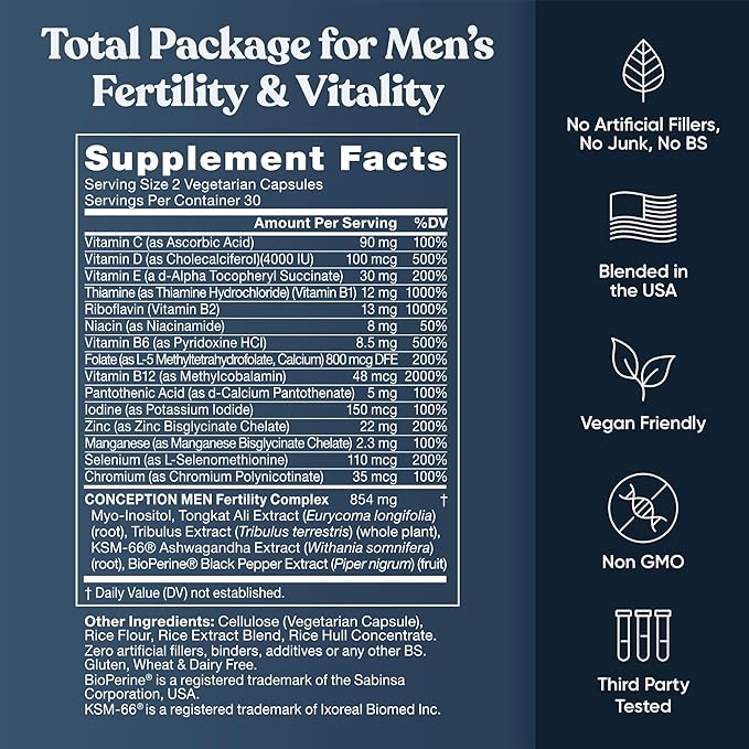 Eu Natural Conception for Him - Male Fertility Supplements with Ashwagandha, Folate & Zinc - Sperm Count, Motility & Strength Support - Fertility Support for Men, 120 Vegetarian Capsules