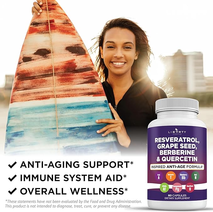 Liberty Lifestyle Resveratrol, Berberine, Grape Seed Extract, Quercetin, Polyphenol Supplement for Women and Men with Noni Extract, N-Acetyl Cysteine, Acai Extract (60 Count)