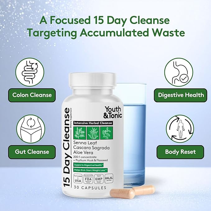 Youth & Tonic 15 Day Cleanse – Colon & Gut Cleanse Detox Reset for Plateaus, Belly Bloating & Regularity, Digestive Health – for Women & Men, 30 Pills