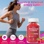 Potassium Citrate Gummies 1000mg, Chewable Potassium Citrate Supplement for Kids & Adults, Support Leg Cramps & Muscle Health, Sugar Free, Vegan, Raspberry Flavor (60Count)
