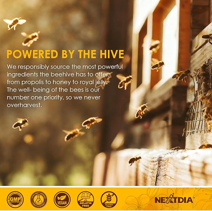 Nextdia Bee Pollen Organic 1000mg, w/Propolis, Royal Jelly, Sugar Free Bee Pollen Gummies Rich in B-Vitamin, Antioxidants, Amino Acids, Bee Pollen Supplement for Energy, Skin & Immune (1 Pack)