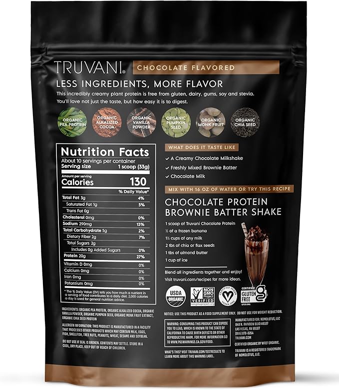 Truvani Vegan Pea Protein Powder | Chocolate | 20g Organic Plant Based Protein | 10 Servings | Keto | Gluten & Dairy Free | Low Carb | No Added Sugar