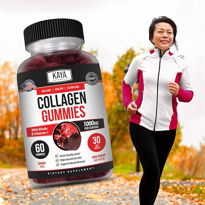 Kaya Naturals Collagen Gummies for Men & Women Supplement | Nature Made Gummies - 1000mg of Hydrolyzed Collagen, Vitamin C, Selenium & Biotin, Strawberry Flavor - 60 Count Gummies