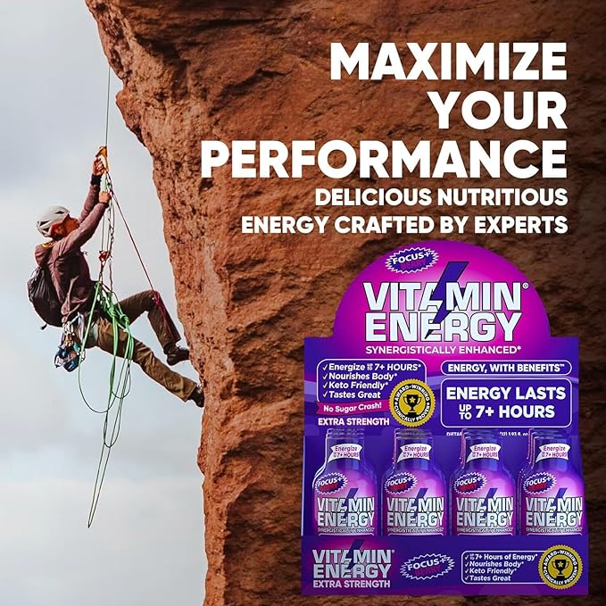 Vitamin Energy Focus+ Extra Strength Energy Shot Berry 12 Pack, 260mg Natural Caffeine, B-Vitamins, CoQ10, Amino Acids, Focus, Productivity & Clarity, Zero Sugar, Gluten-Free, 1.93 fl oz