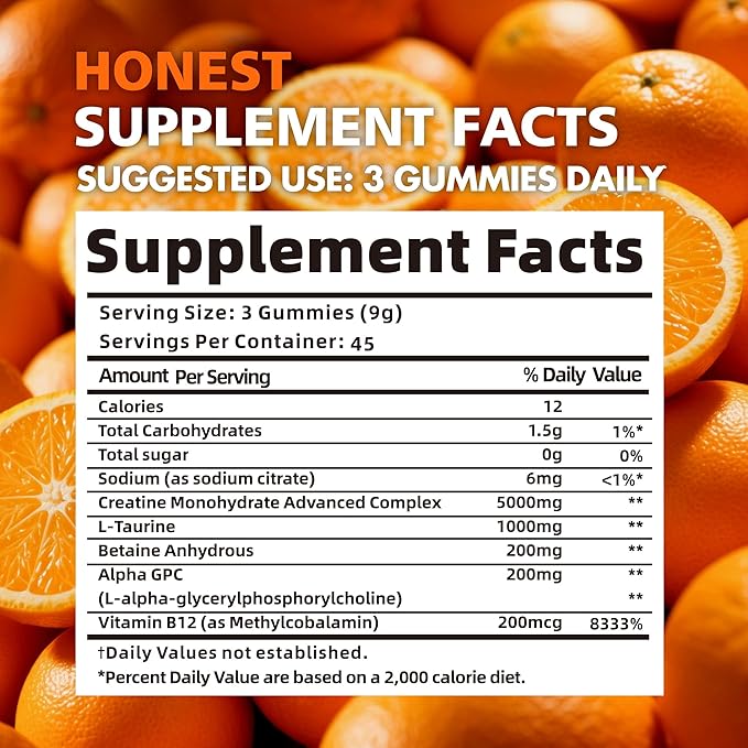 Creatine Monohydrate Gummies for Men & Women - 5g of Creatine Monohydrate per Serving - Sugar Free,Vegan, Orange Flavor, 135 Count (45 Servings).