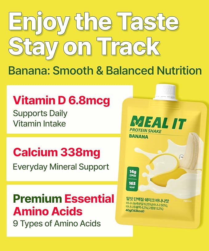 Banana Protein Shake, 14g Protein & High Fiber, Low Sugar, Keto-Friendly Meal Replacement powder with Korean Cookie Crumble (Soboro) & Oat Crunch Balls (7 Packs, 1.41 oz Each)
