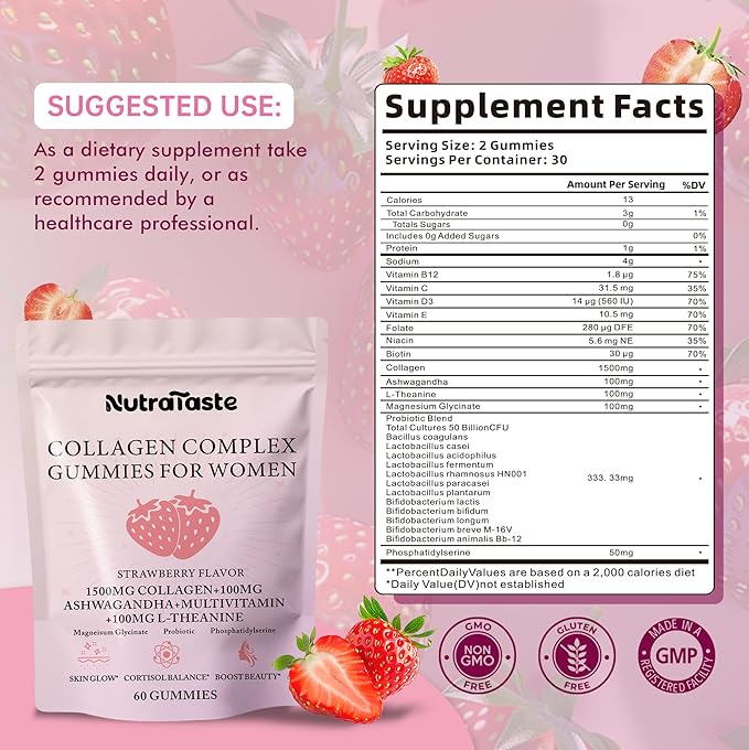 Collagen Gummies for Women | Biotin, Vitamins, Probiotics & Ashwagandha | Skin, Hair & Nails Supplement | Sugar Free, Non-GMO, Gluten Free | Strawberry Flavor - 30 servings