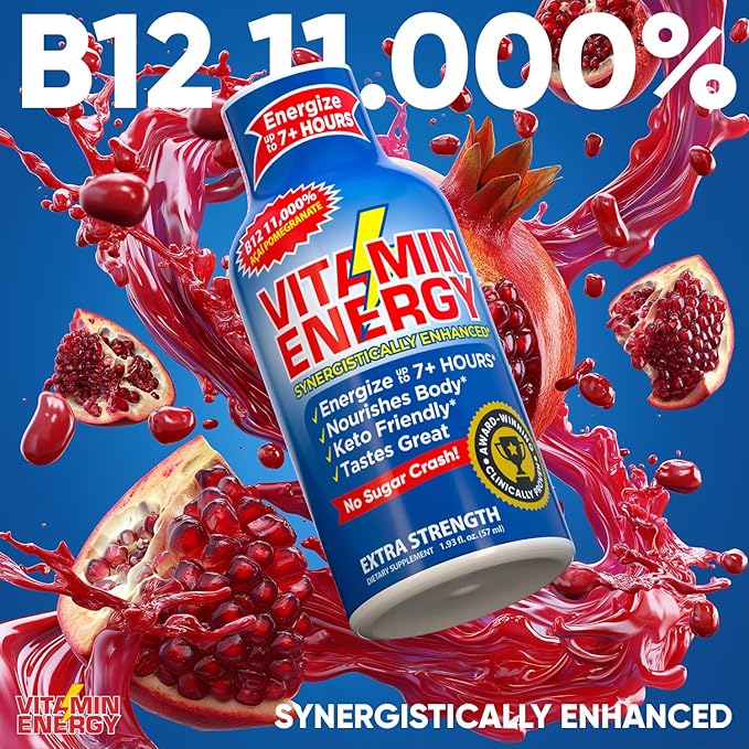 Vitamin Energy B12 11,000% Extra Strength Energy Shot Açaí Pomegranate 10 Pack, 260mg Natural Caffeine, B12 & B6, Nootropic Focus, Vitality, Zero Sugar, Gluten-Free, Vegan, Kosher, 1.93 fl oz