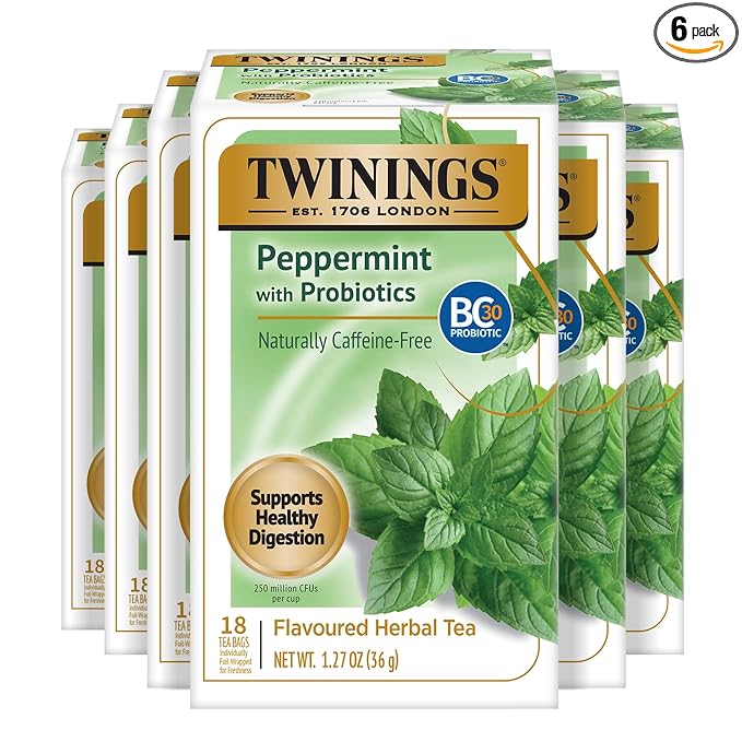 Twinings Peppermint with Probiotics Herbal Tea, 18 Count (Pack of 6), Supports Healthy Digestion, Naturally Caffeine-Free, Enjoy Hot or Iced, 96 Teabags