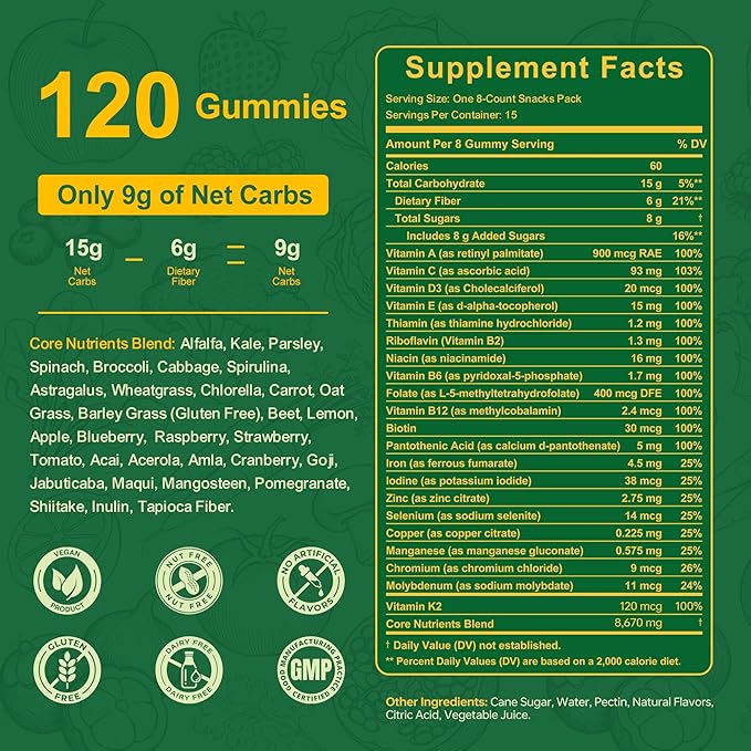 Greens Daily Gummies, Super Greens Gummies for Adults Superfood Multivitamin Gummy with Spirulina, Chlorella, Prebiotic Fiber, Fruit Veggie for Digestive & Gut Health, Adaptogens Supplement, 120 Count