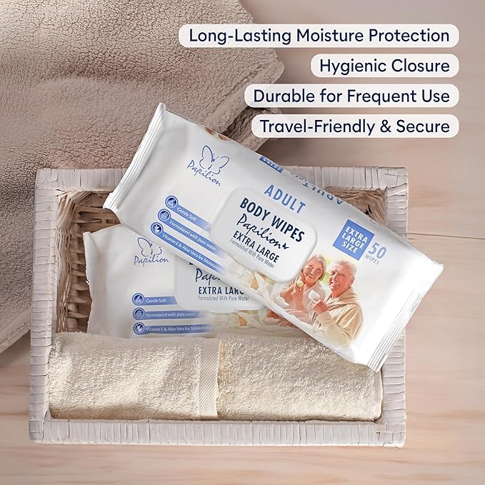 PAPILION Adult Body Cleaning Wipes, Extra Large Washcloths with Aloe Vera & Vitamin E, No-Rinse Cleansing for Senior Care, Bed Bath, Travel, Incontinence Care, Flip-Top Pack, 50 PCS x 12 Pack