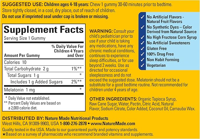 Nature Made Kids First Sleep Melatonin Gummies, 100% Drug-Free Sleep Aid, Kids Sleep Gummies for Restful Sleep, 45 Count