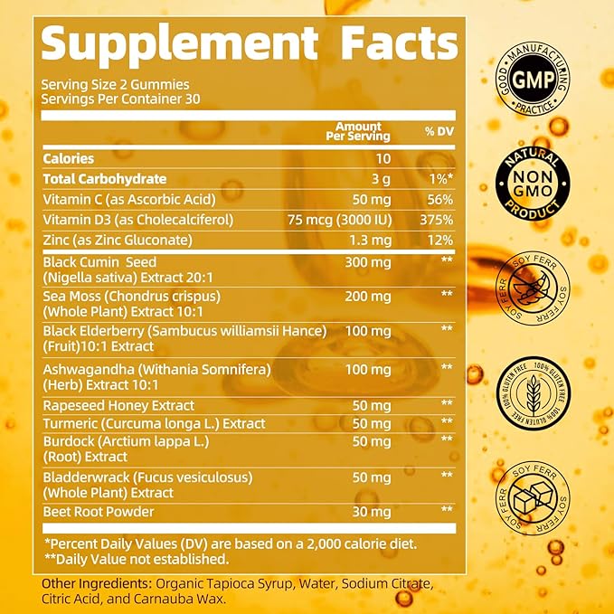 Black Seed Oil Gummies with Ashwagandha & Irish Sea Moss & Elderberry – Immune Support Supplement with Vitamin C, D3, Zinc, Nigella Sativa Black Cumin Gummy for Hair Growth & Joint Health - 60 Vegan