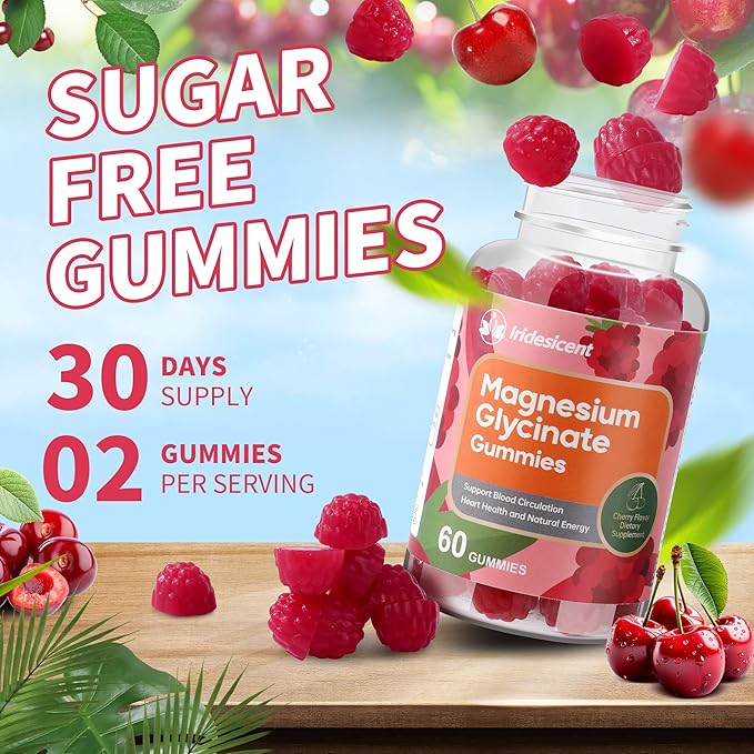 Magnesium Glycinate Gummies, Sugar Free Magnesium Supplement w/Ashwagandha, Zinc, Vegan Magnesium Glycinate Supplement for Adults - 60 Cherry Gummies