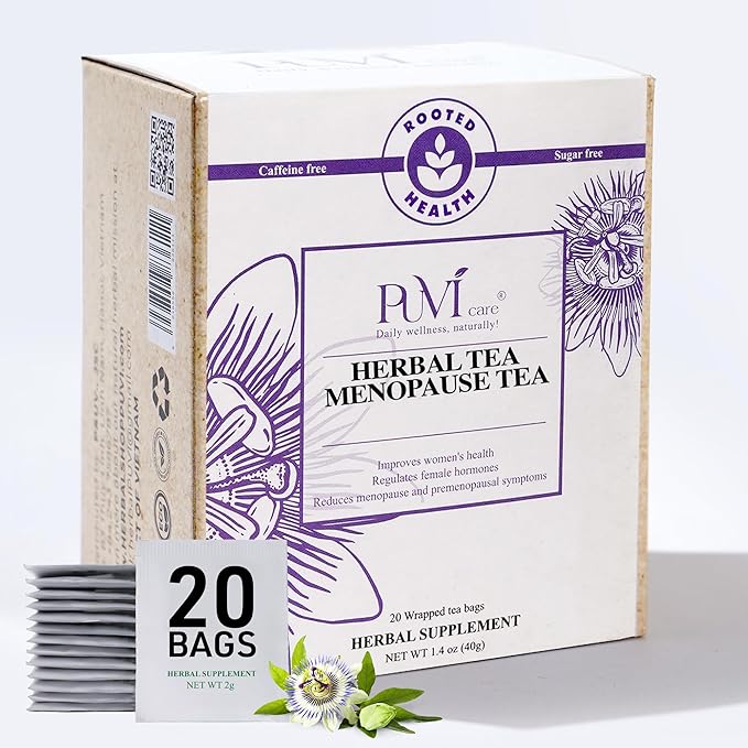 Puvi Care Menopause Tea, Dong Quai Tea for Hot Flash Relief, Herbal Tea bags Hormone BalancePassion Flower Tea Motherwort tea | Non-GMO, Sugar-Free, Gluten Free | Hot flash relief for women | 20 Bags