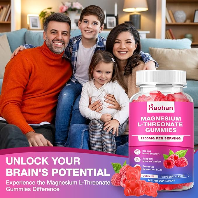 Magnesium L-Threonate 1200mg Gummies to Support Focus & Muscles, Sugar-Free Raspberry Flavor, 120 Count for Adults & Kids