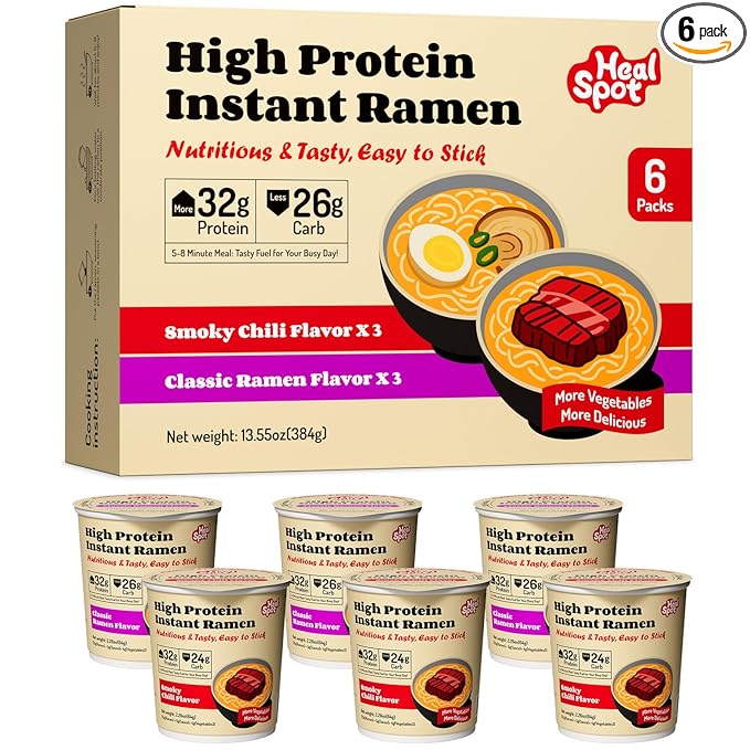 Healspot High Protein Instant Ramen Variety Pack (6 Cups) - 32g Plant-Based Protein, Non-Fried, Low Carb, Keto & Vegan Friendly (Smoky-Beef/Classic-Pork)