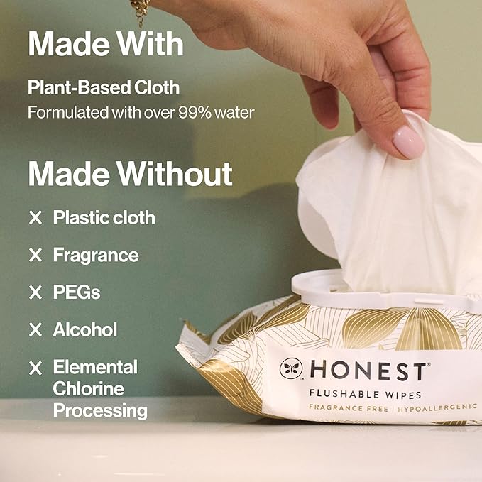 The Honest Company Flushable Wipes for Sensitive Skin, Hypoallergenic, Fragrance-Free, Gilded Wings Design, 126 Count