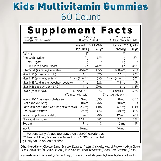 Vegetarian Kids Multivitamin Gummies, 30–60 Servings. With 14 Essential Vitamins & Minerals. Gelatin-Free, Gluten-Free. Non-GMO Gummy Vitamins for Toddlers, Support Immune, Bones & Overall Wellness