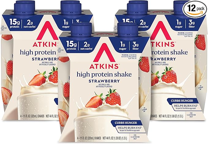 Atkins Strawberry Flavored Protein Shake, High Protein, Low Glycemic, Low Sugar and Low Carb, Keto Friendly, Gluten Free, 12 Count