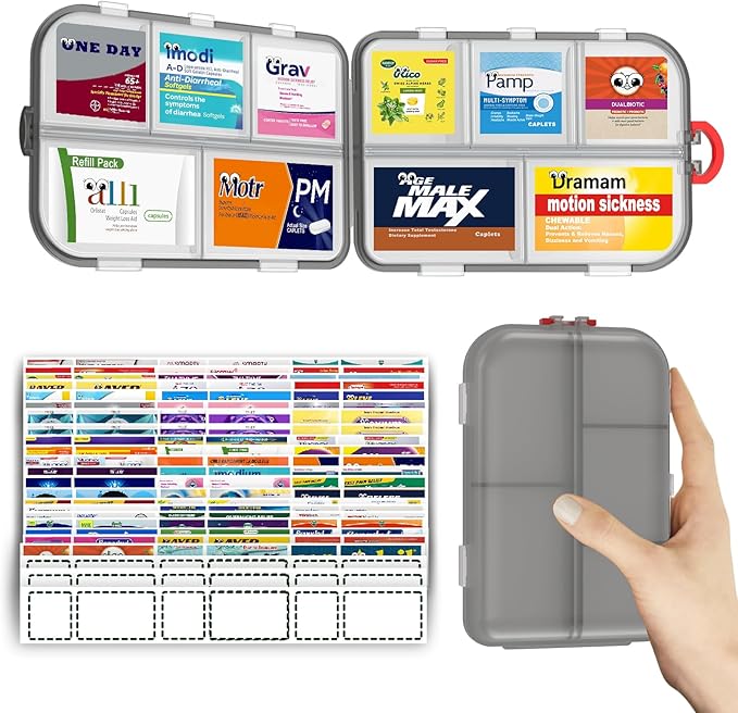 Pill Organizer Travel Medicine Case - Daily Pill Organizer with 144 Labels, Portable Travel Essentials for Medication