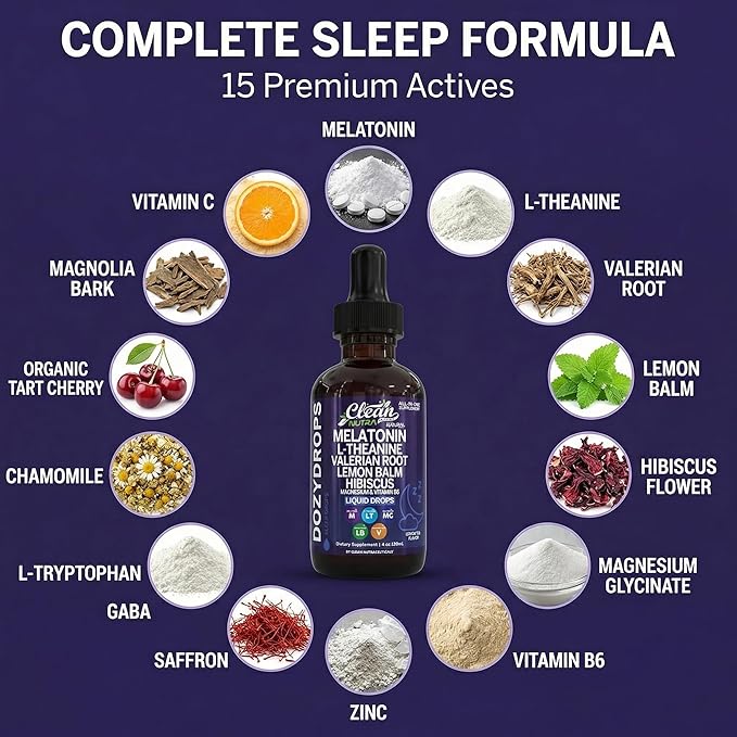 Clean Nutra Melatonin 10mg Drops Magnesium Vitamin B6 L-Theanine Valerian Hibiscus Lemon Balm Supplement Liquid Sugar-Free Vegan Non-GMO Natural Sleep Support Aid Lemon Tea Flavor 120mL Formula