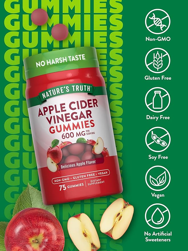 Nature's Truth Apple Cider Vinegar Gummies | 600 mg | 75 Gummies | Apple Flavor | Vegan, Non-GMO, Gluten Free Supplement