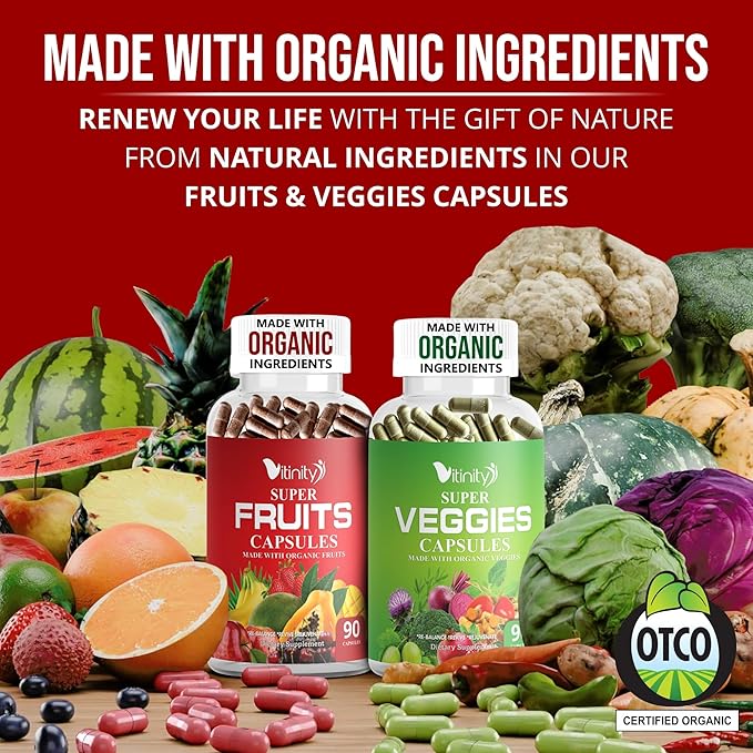 Made with Organic Fruits & Veggies Capsules-Superfood Vegetable Vitamin Supplement for Women & Men-Blend of Fruits and Greens for Daily Health.Fruits and Vegetables Supplements (30-Day Supply)