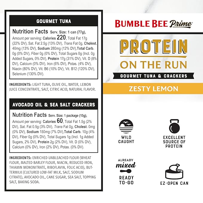 Bumble Bee Prime Protein on the Run Tuna Snack Kit, Pack of 12 - Gourmet Tuna Marinated in Olive Oil & Zesty Lemon with Crackers and Serving Utensil - 19g of Protein Per Serving, Easy Open Can