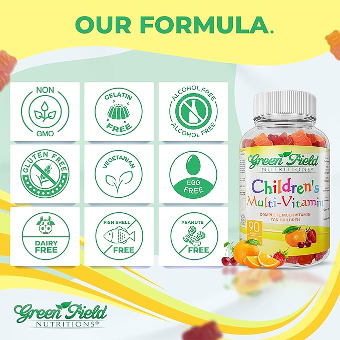 Greenfield Nutritions Halal Multivitamin for Kids – Gelatin-Free Halal Kids Multivitamin Gummies with Vitamins A, B, C, D, Iodine & Zinc for Immunity – Essential Vitamins for Children (90 Count)